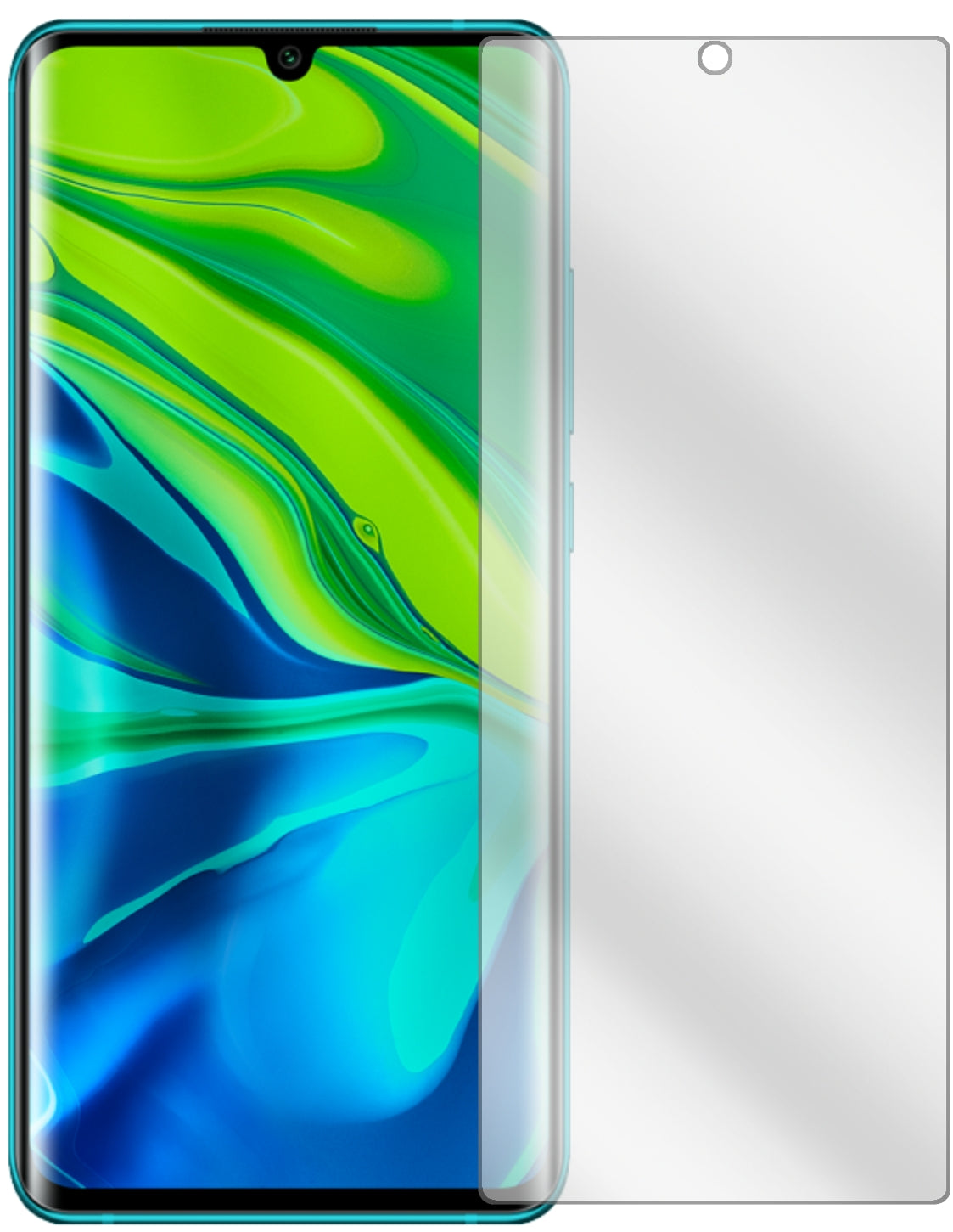 XiaomiMi Note 10 Pro mit aufgebrachter dipos Displayschutzfolie, glasklare Darstellung ohne Einschränkungen