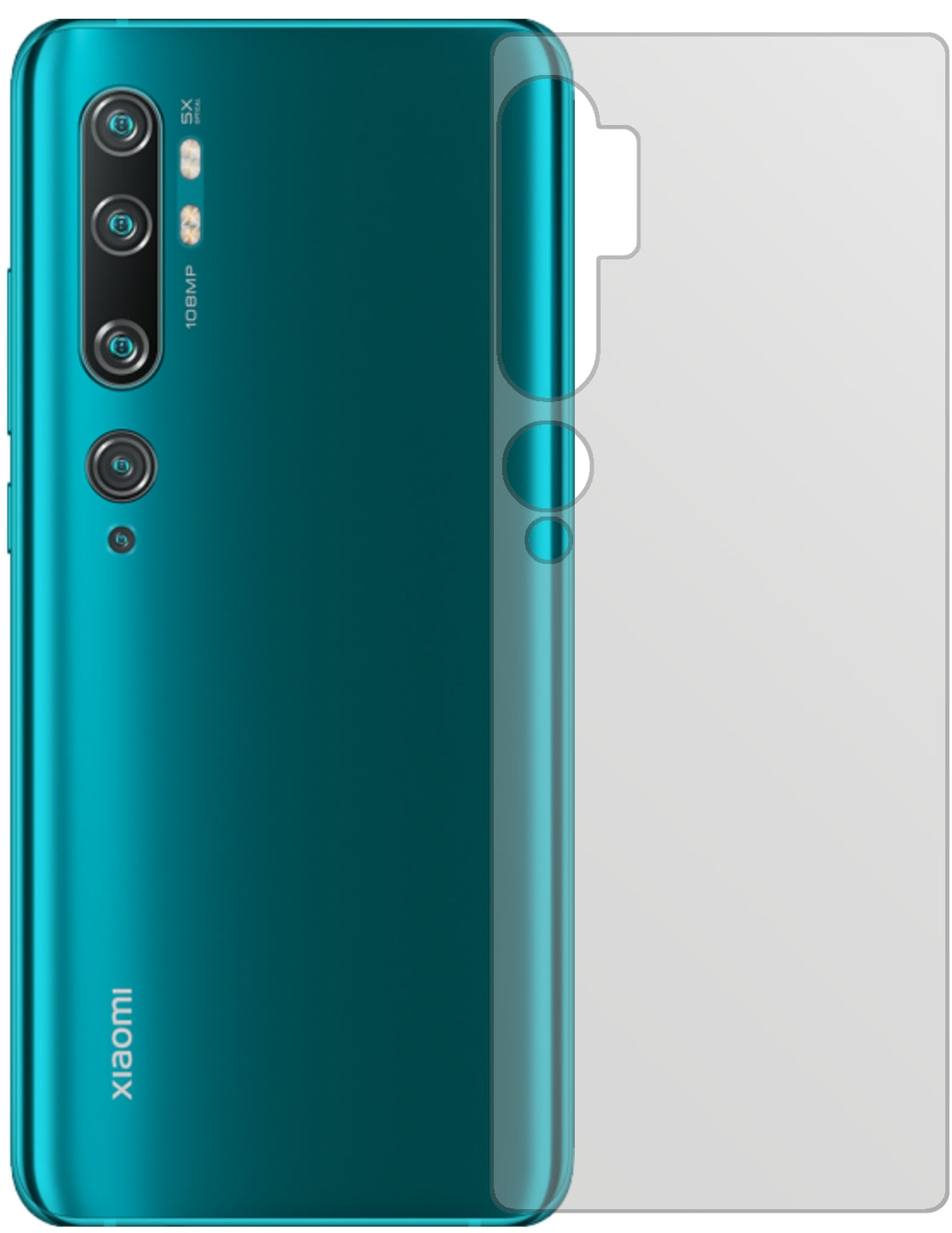 XiaomiMi Note 10 Lite Rückseite mit aufgebrachter dipos Displayschutzfolie, die lästige Fingerabdrücke minimiert