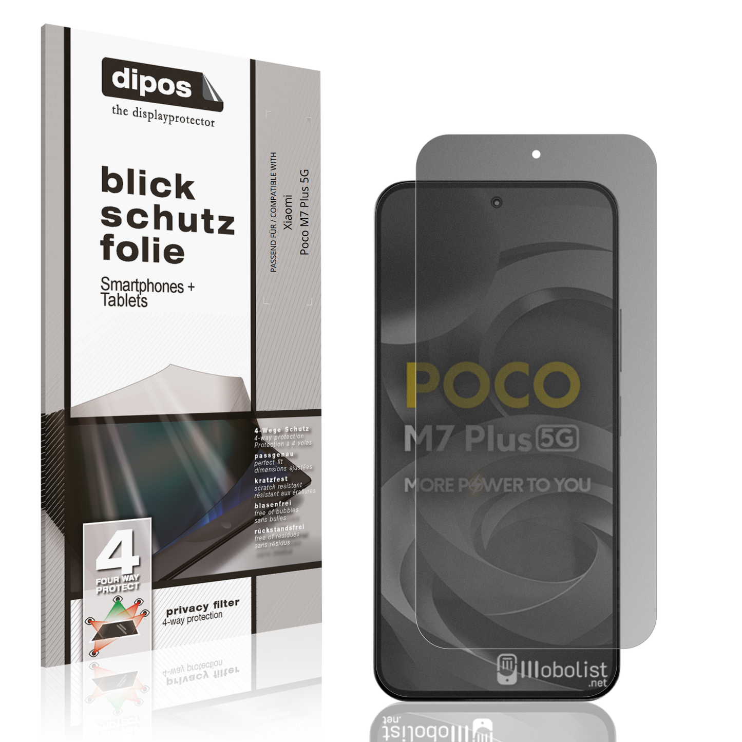 Blickschutzfolie von dipos passend für Xiaomi Poco M7 Plus 5G, präziser Zuschnitt und blasenfrei montiert