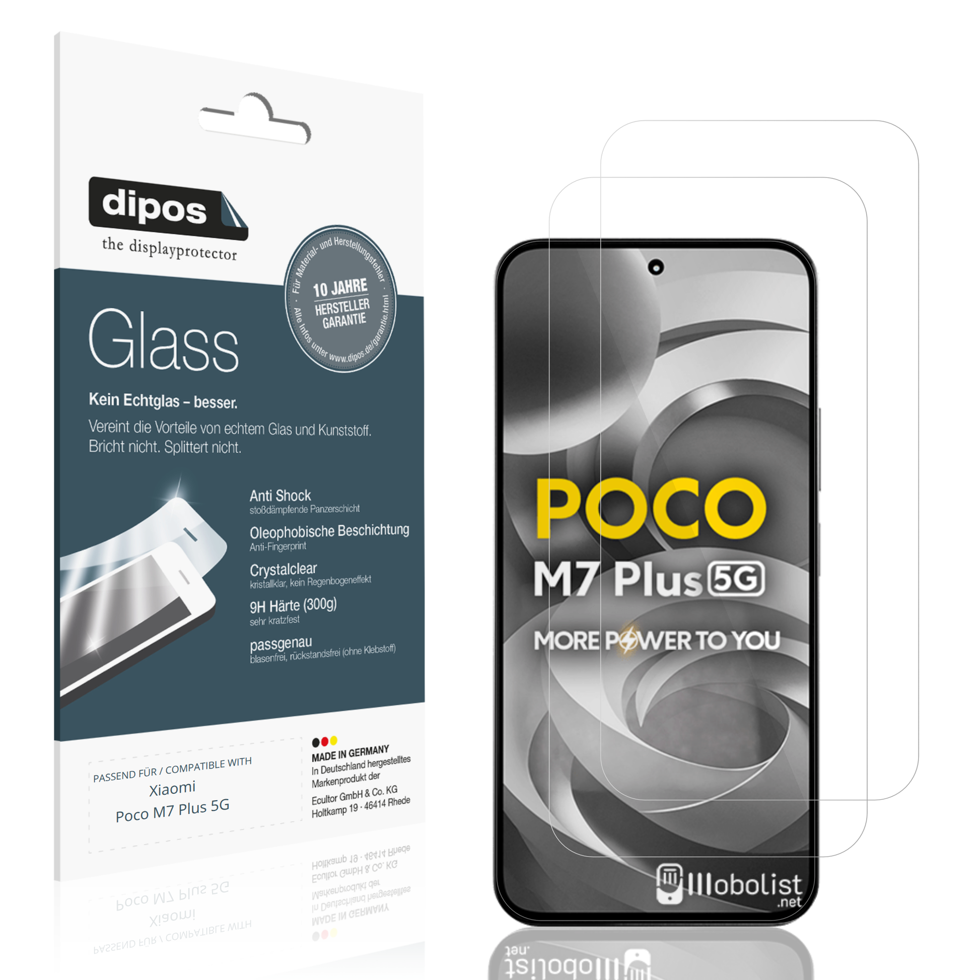 Klare Displayschutzfolie von dipos passend für Xiaomi Poco M7 Plus 5G, 9H kratzfest und blasenfrei montiert