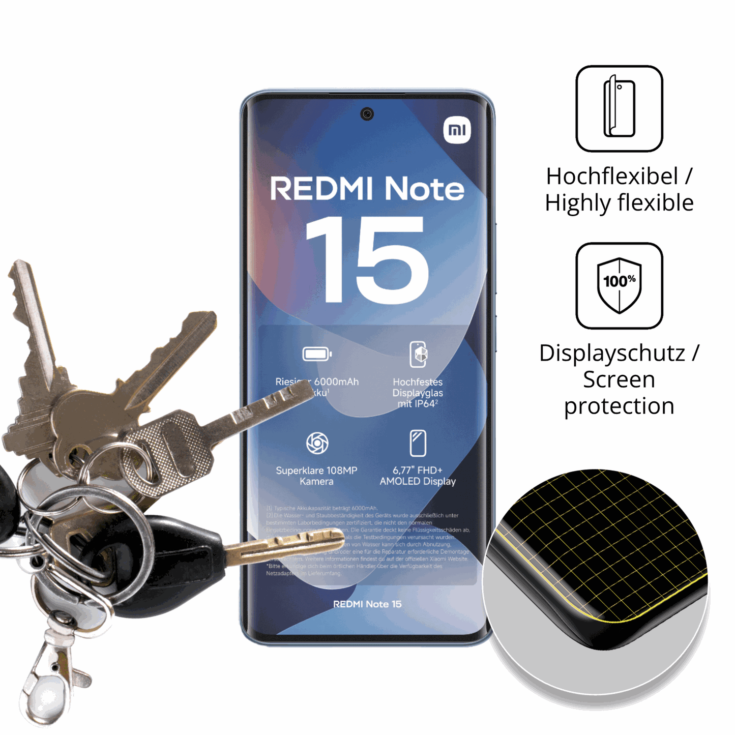 dipos Displayschutz für Xiaomi Redmi Note 15, transparente Oberfläche, perfekte Passform auch für die Rundungen