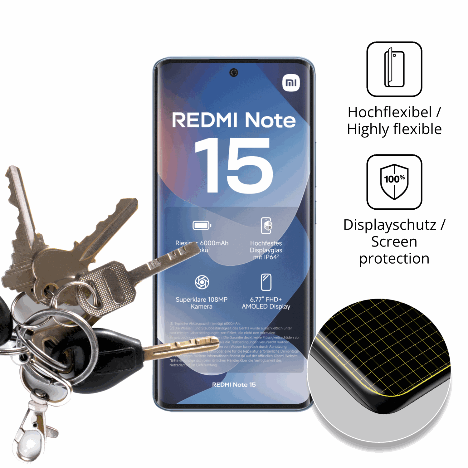 dipos Displayschutz für Xiaomi Redmi Note 15, transparente Oberfläche, perfekte Passform auch für die Rundungen