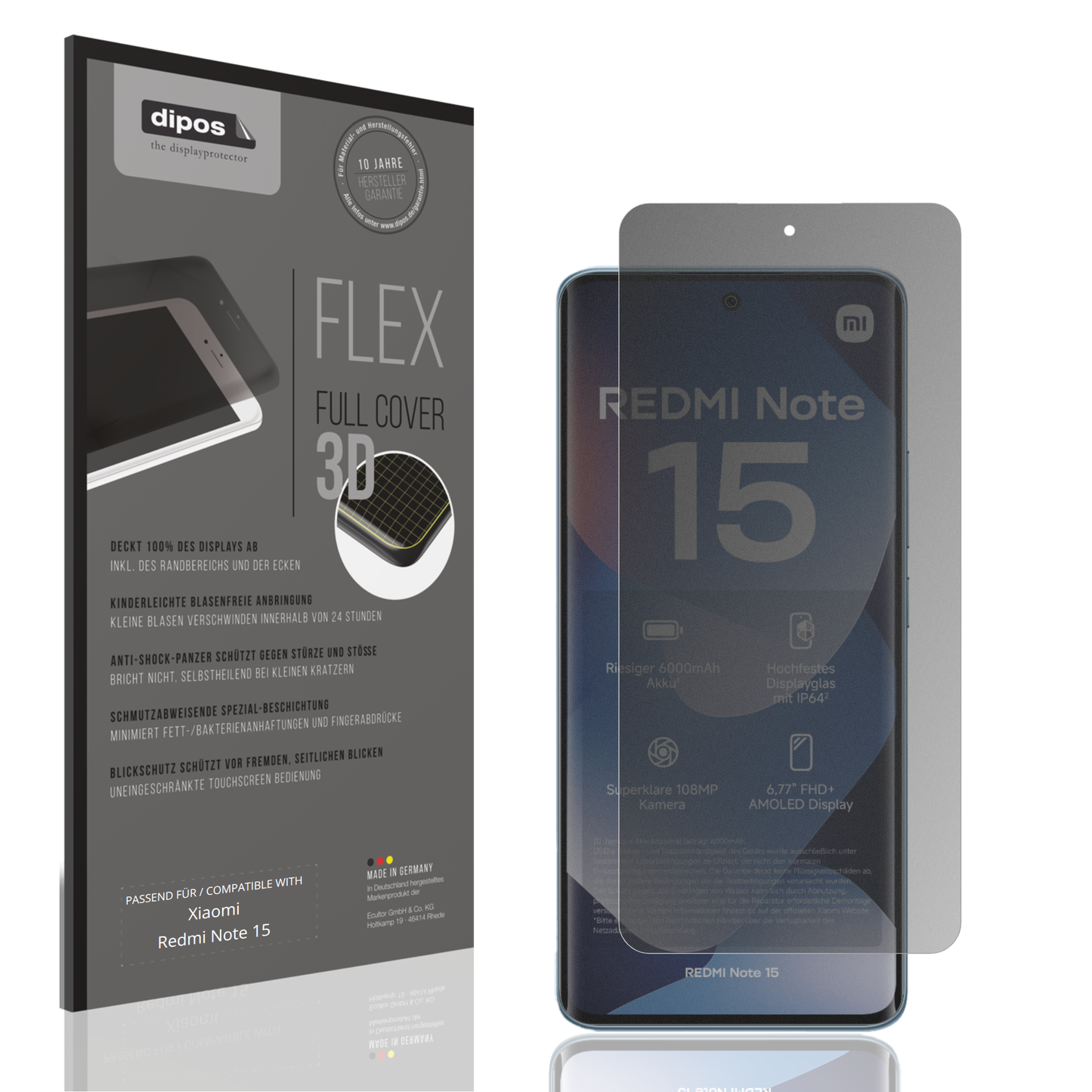 Blickschutzfolie von dipos passend für Xiaomi Redmi Note 15, 100% Displayabdeckung und blasenfreie Montage