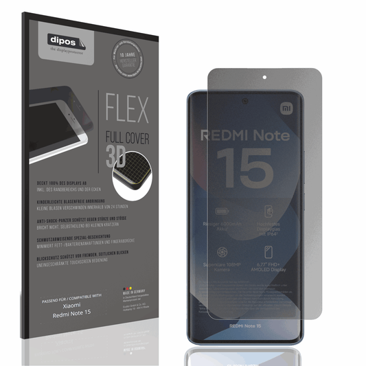 Blickschutzfolie von dipos passend für Xiaomi Redmi Note 15, 100% Displayabdeckung und blasenfreie Montage