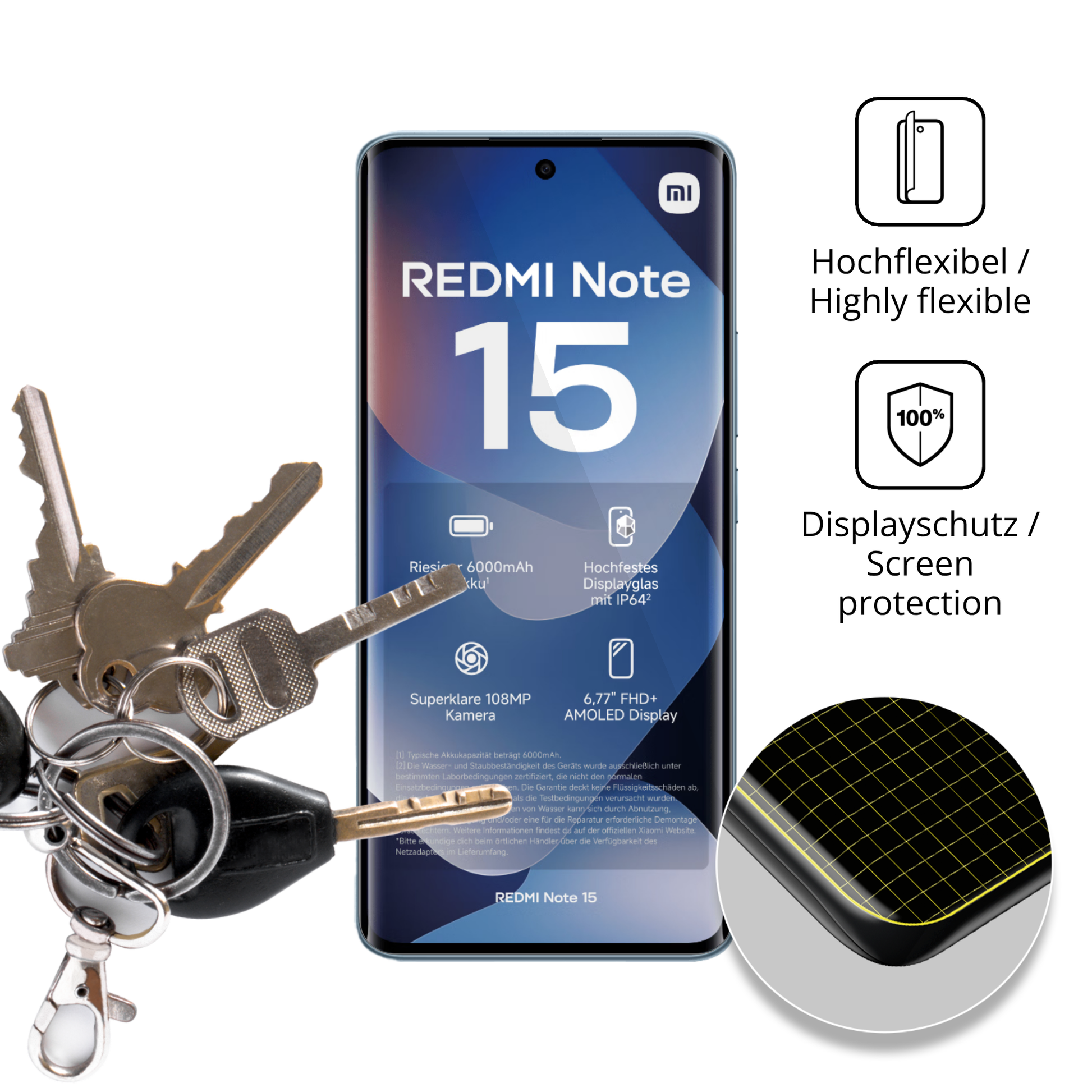 dipos Displayschutz für Xiaomi Redmi Note 15, transparente Oberfläche, geringe Dicke und perfekte Passform