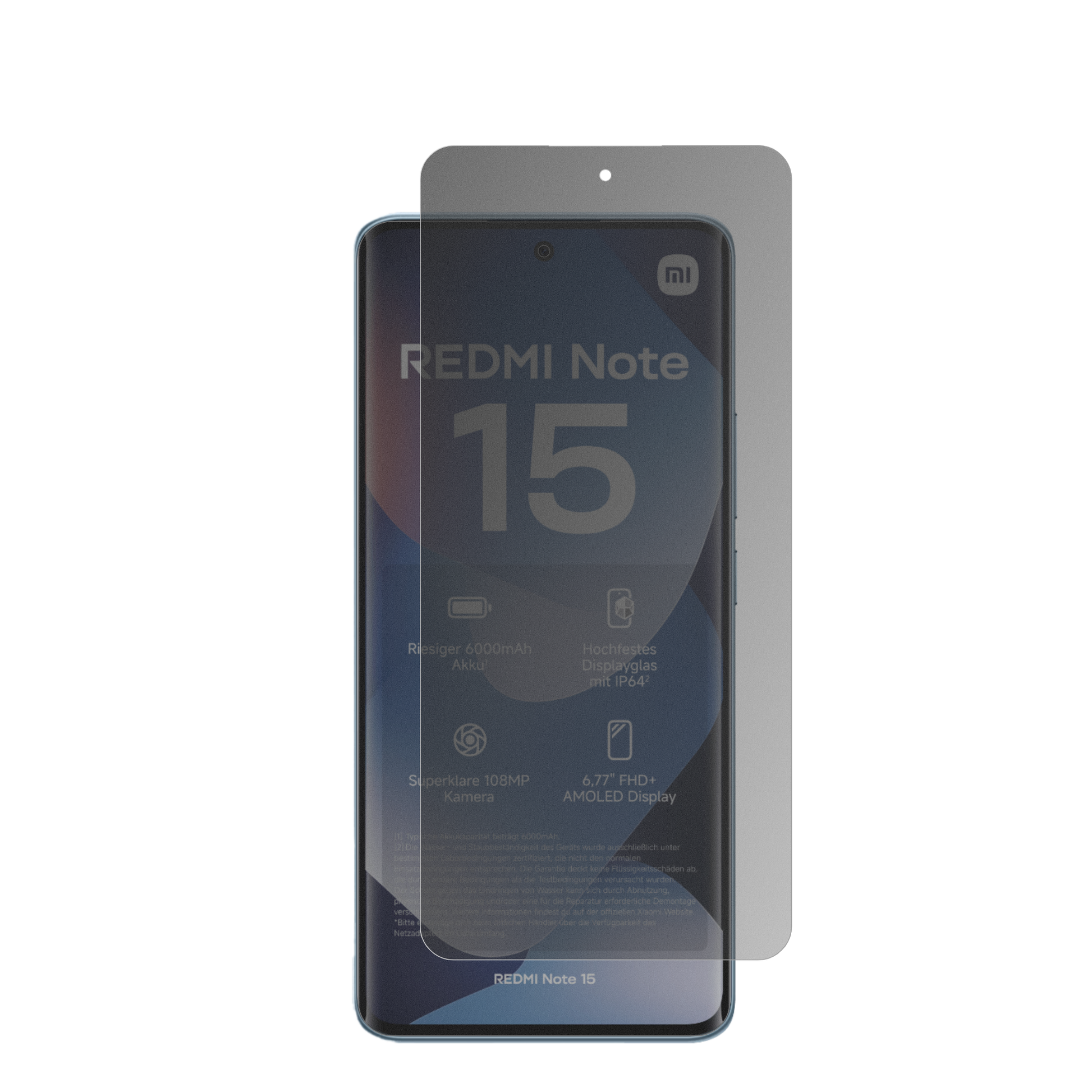 XiaomiRedmi Note 15 mit aufgebrachter dipos Flex Schutzfolie, die seitliche Einblicke blockiert
