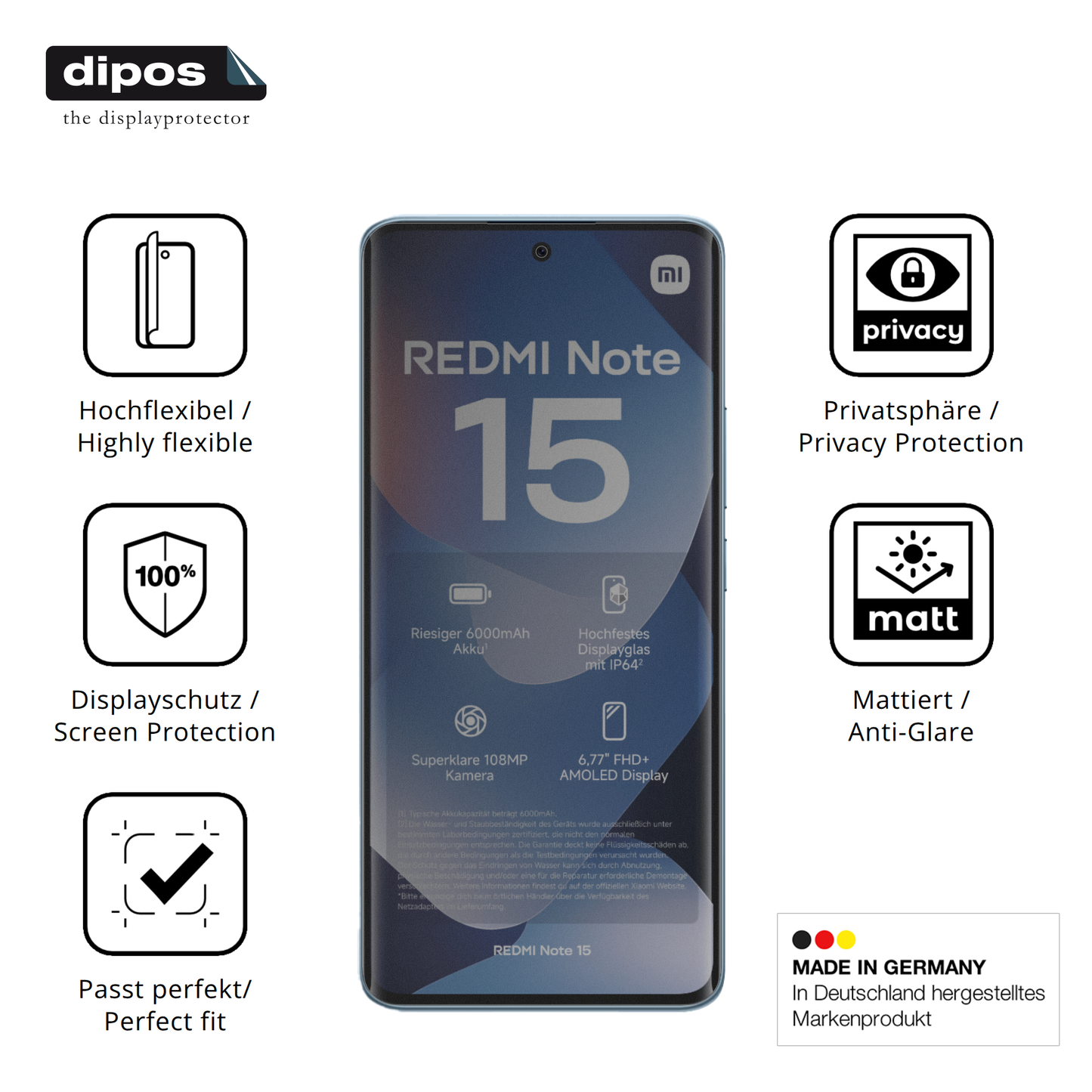 Flexible TPU-Folie passend zugeschnitten für Xiaomi Redmi Note 15, mit Privatsphäre-Schutz durch Sichtschutz-Folie