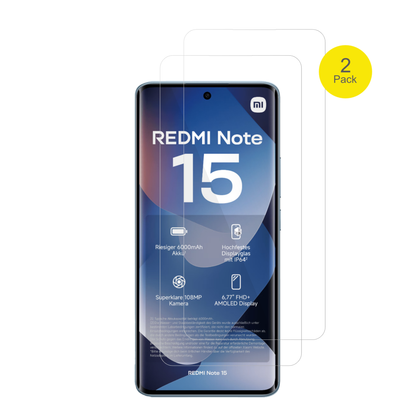 XiaomiRedmi note 15 4g mit aufgebrachter dipos Displayschutzfolie, glasklare Darstellung ohne Einschränkungen