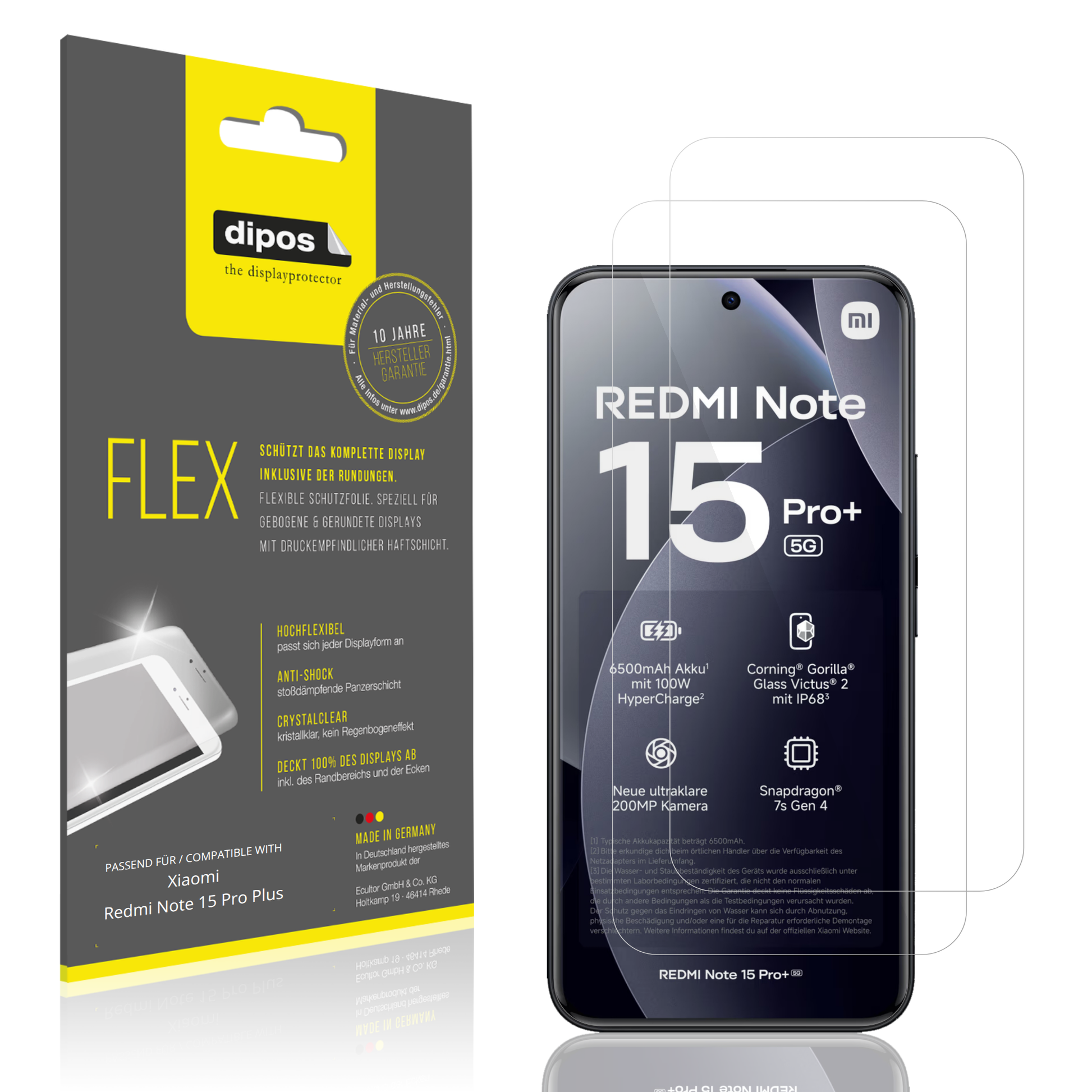 Klare Displayschutzfolie von dipos passend für Xiaomi Redmi Note 15 Pro Plus, 100% Displayabdeckung und blasenfreie Montage