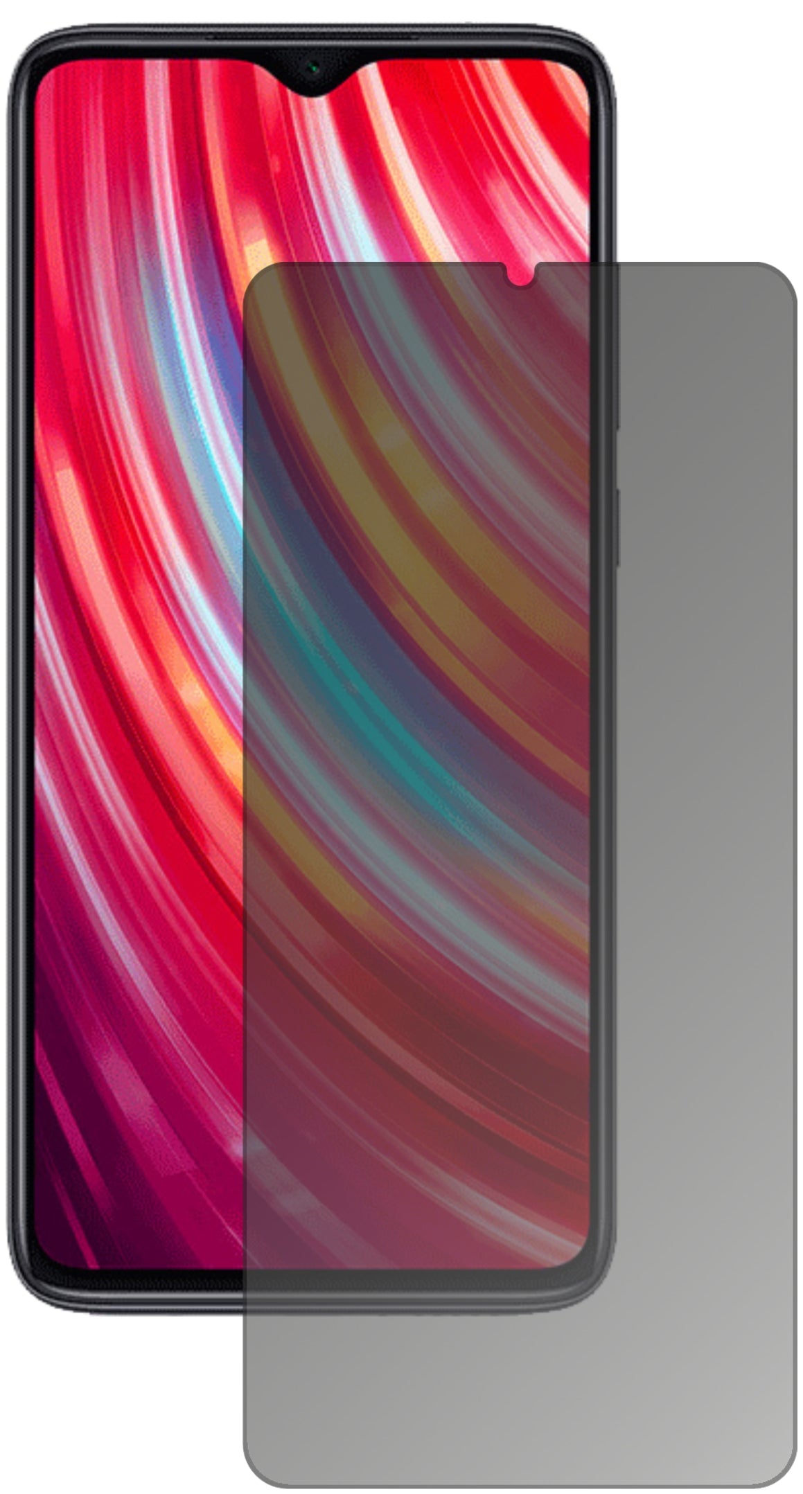 XiaomiRedmi Note 8 Pro mit aufgebrachtem dipos Displayschutz, der seitliche Einblicke blockiert