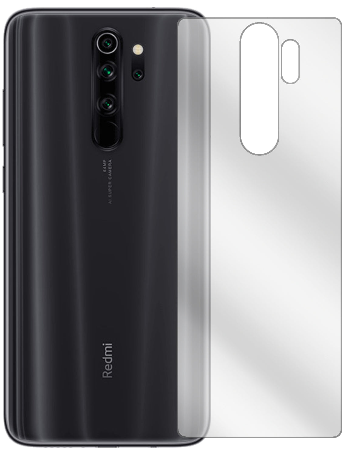 XiaomiRedmi Note 8 Pro Rückseite mit aufgebrachter dipos Displayschutzfolie, glasklare Darstellung ohne Einschränkungen