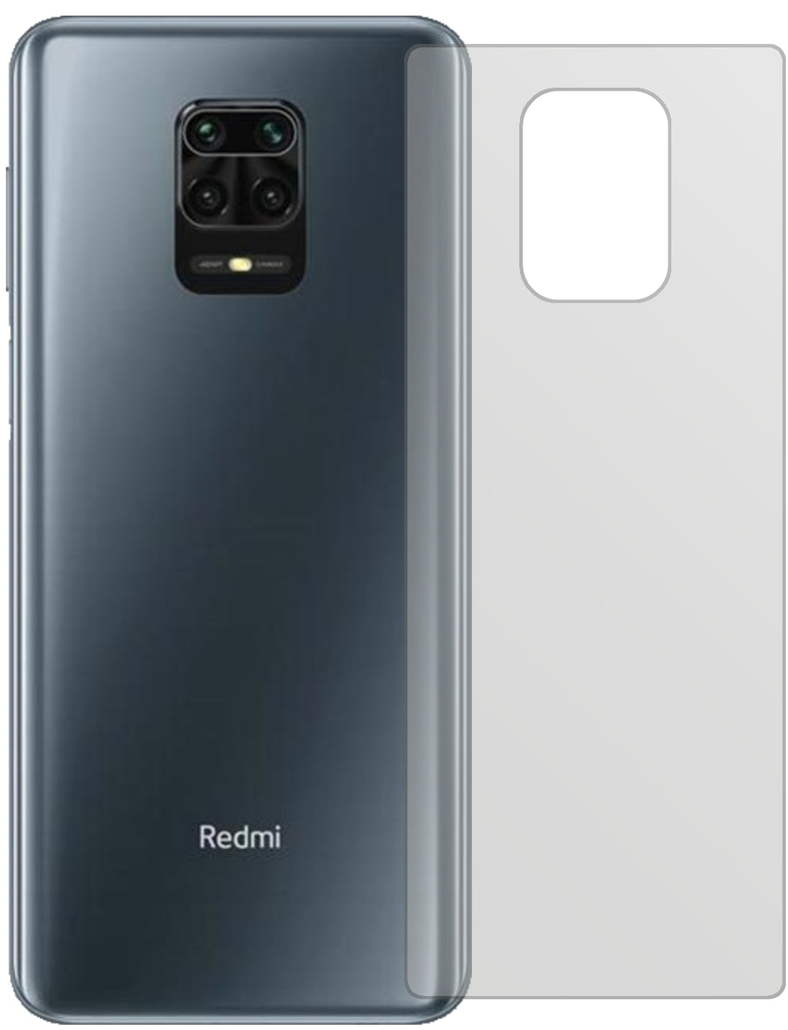 XiaomiRedmi Note 9 Pro Max Rückseite mit aufgebrachter dipos Displayschutzfolie, die lästige Fingerabdrücke minimiert