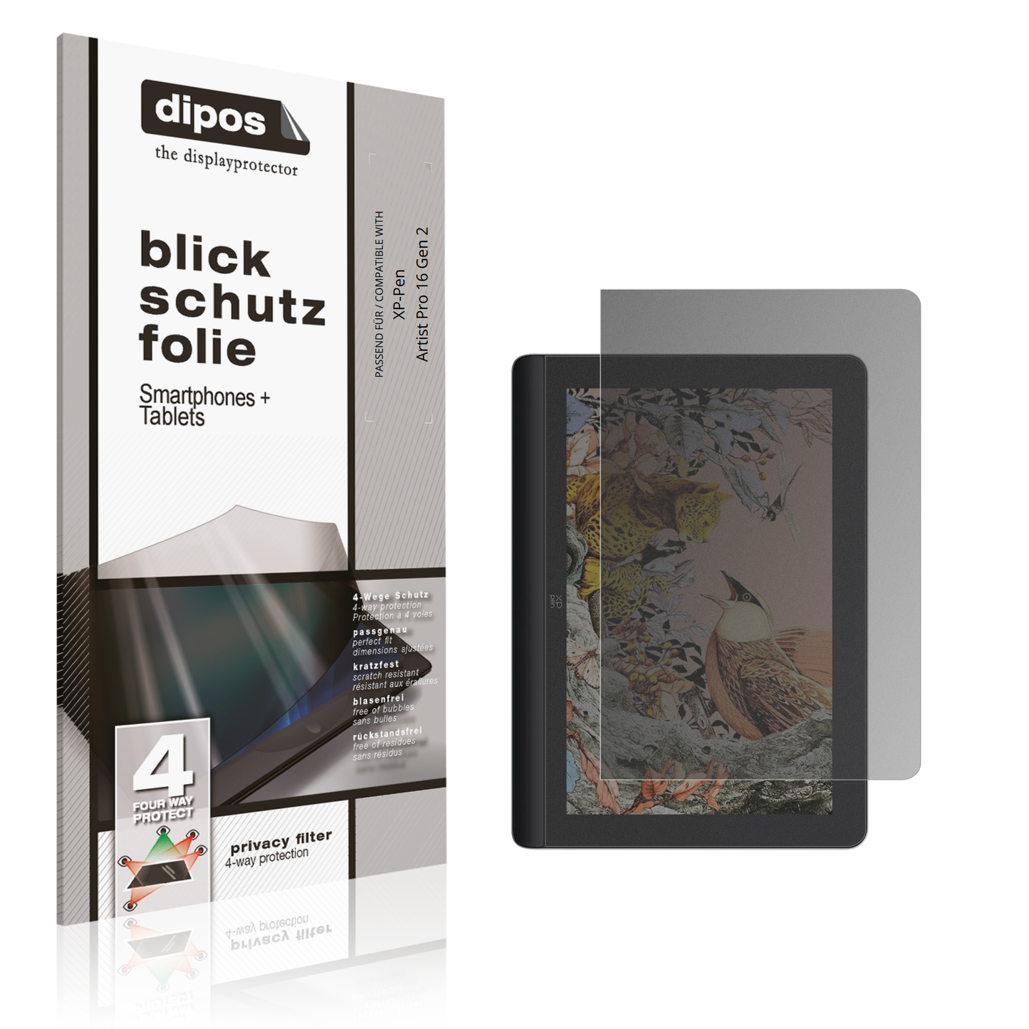 Blickschutzfolie von dipos passend für XP-Pen Artist Pro 16 Gen 2, präziser Zuschnitt und blasenfrei montiert
