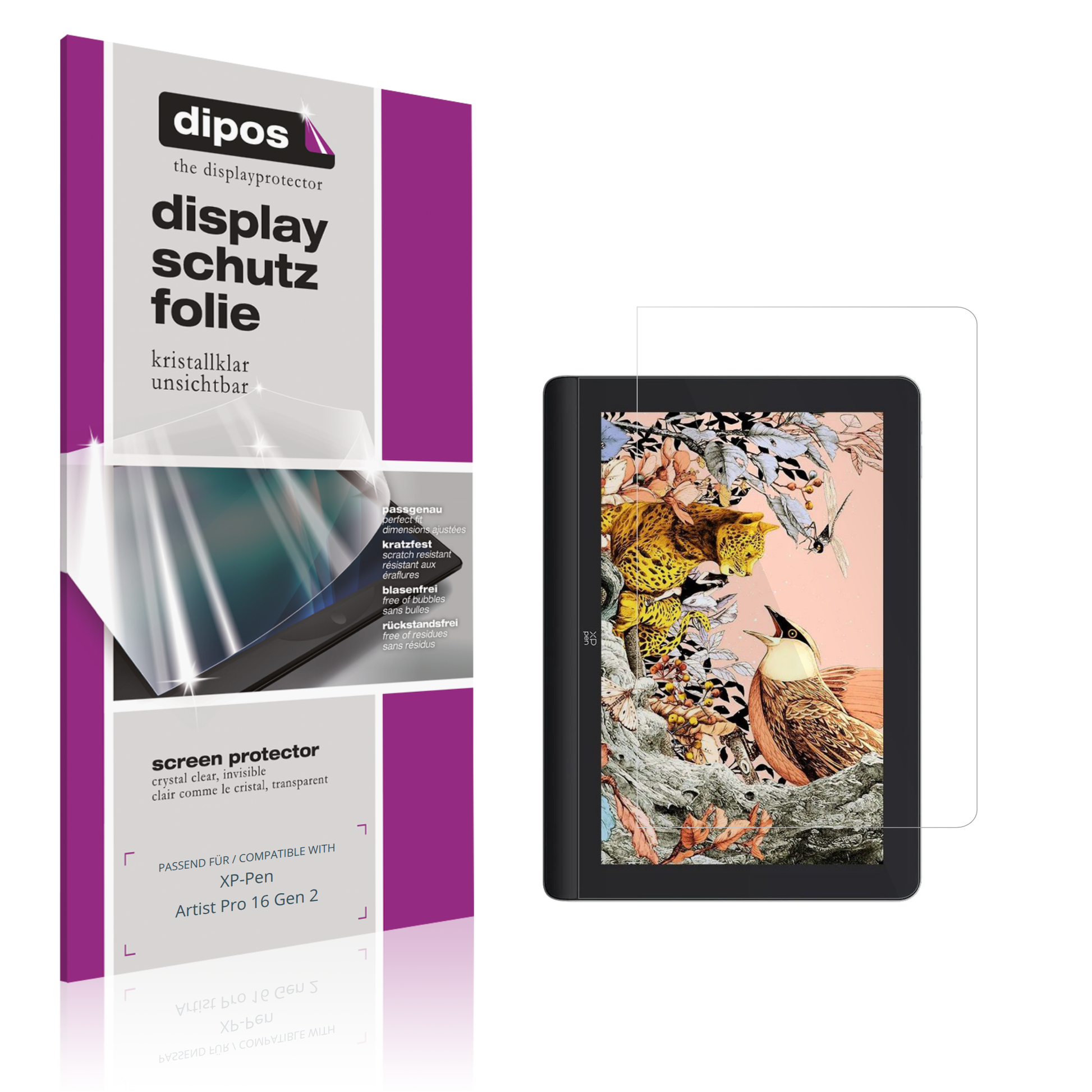 Klare Displayschutzfolie von dipos passend für XP-Pen Artist Pro 16 Gen 2, präziser Zuschnitt und blasenfrei montiert