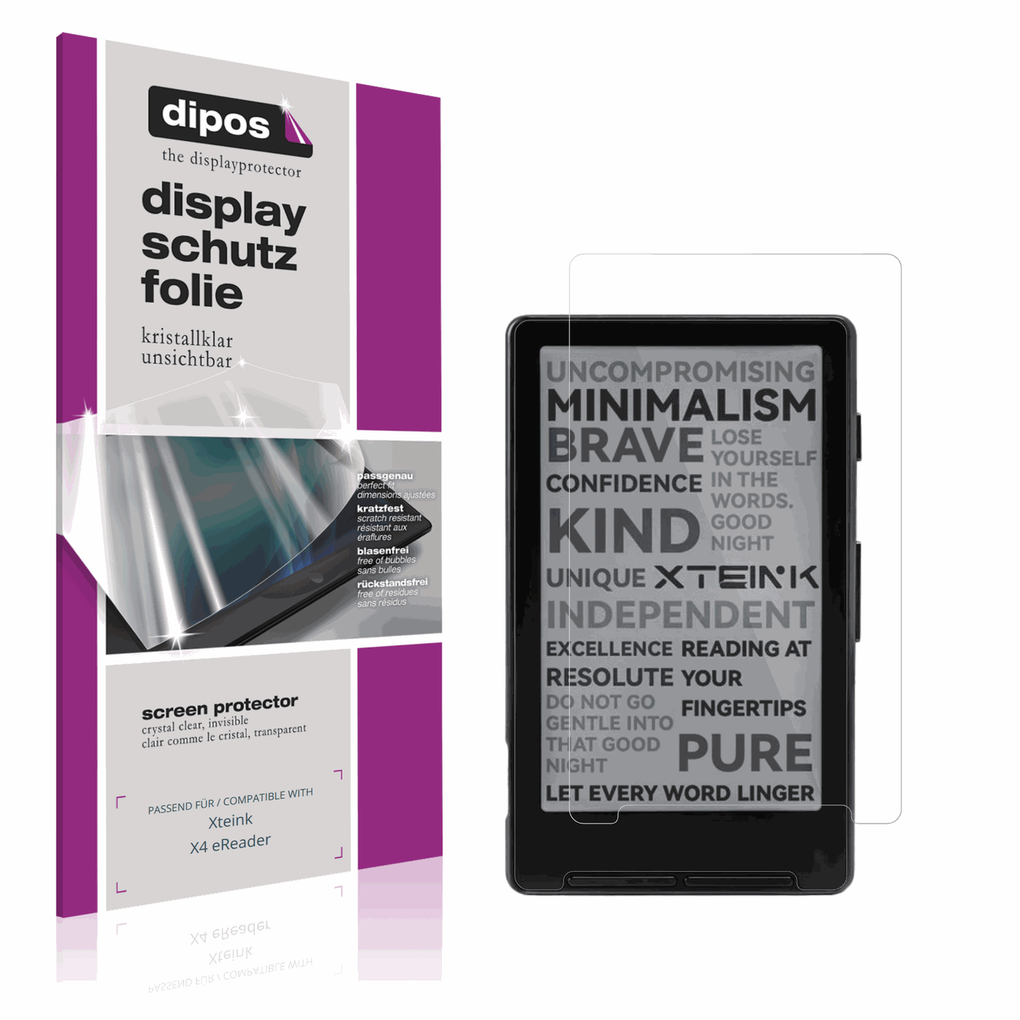 Klare Displayschutzfolie von dipos passend für Xteink X4 eReader, präziser Zuschnitt und blasenfrei montiert