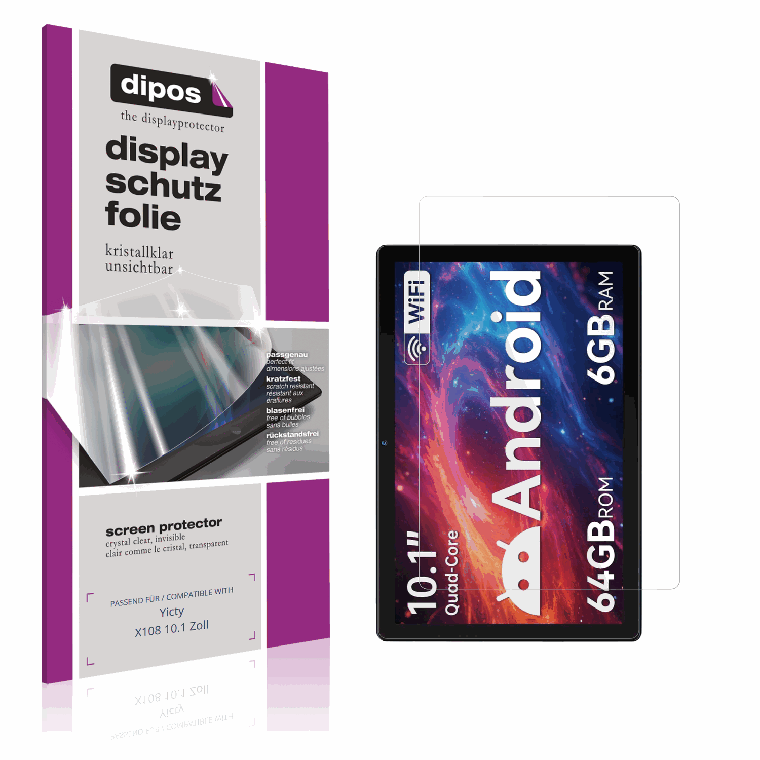 Klare Displayschutzfolie von dipos passend für yictyx108 10.1 zoll, präziser Zuschnitt und blasenfrei montiert