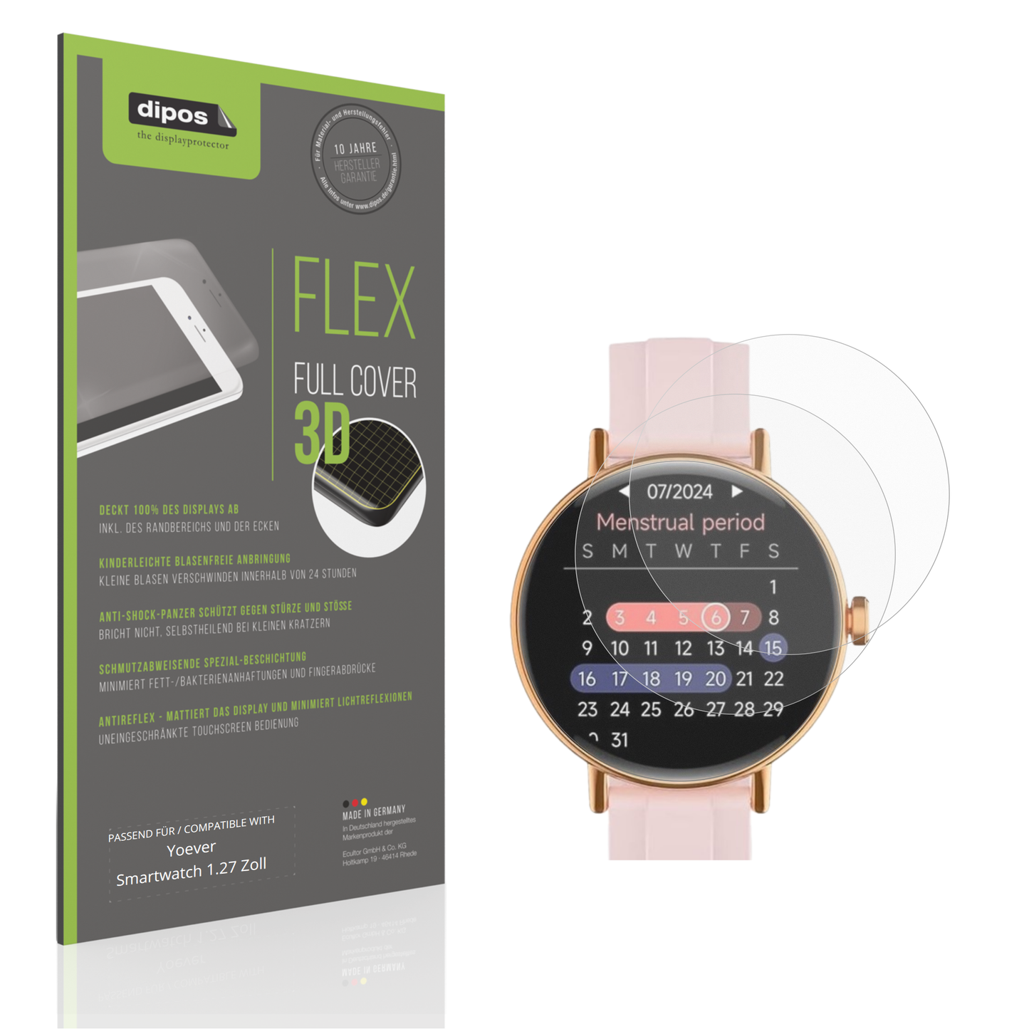 Matte Displayschutzfolie von dipos passend für Yoever Smartwatch 1.27 Zoll, 100% Displayabdeckung und blasenfreie Montage