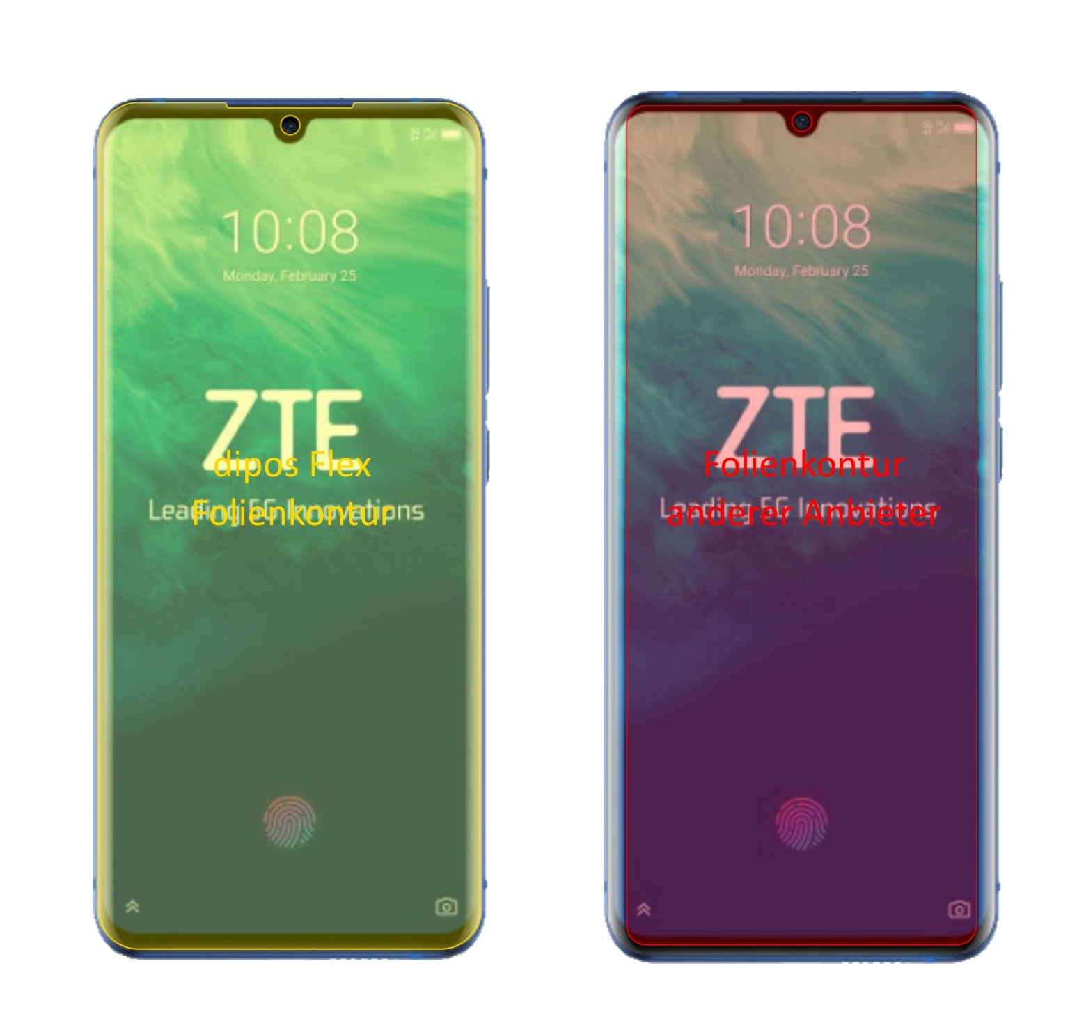 ZTEAxon 10s Pro 5G mit aufgebrachter dipos Displayschutzfolie, glasklare Darstellung ohne Einschränkungen