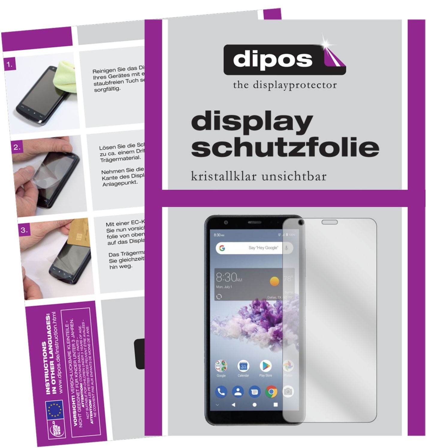 Klare Displayschutzfolie von dipos passend für ZTE Blade A3 Prime, präziser Zuschnitt und blasenfrei montiert